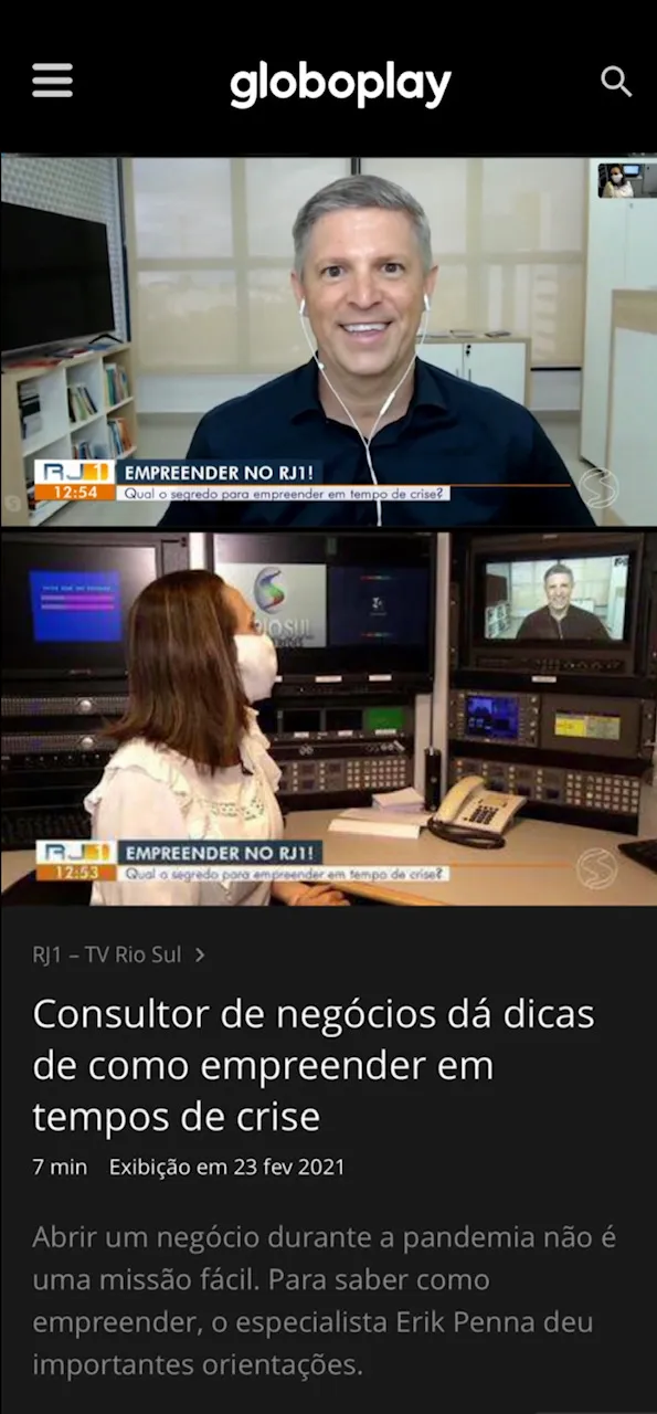 Erik Penna no programa Empreender, do RJ1 da TV Globo Rio Sul